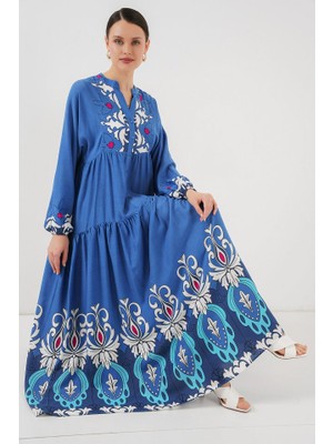 Gökyüzü Moda 2423 Otantik Desenli Tesettür Elbise - F. Indigo