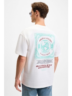 Grimelange ANGOLO Erkek Ön Baskı Ve Nakış Detaylı Bisiklet Yaka Oversize Kısa Kollu Beyaz T-Shirt