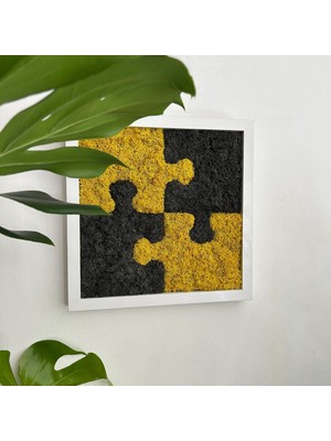 30X30 cm Puzzle Desenli Yosun Tablo | El Yapımı, Bakım Gerektirmeyen Doğal Duvar Dekoru | Sarı-Siyah Kontrastlı Bitki Sanatı