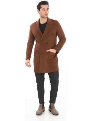 Şan Giyim Erkek Tarçın Kruvaze Kısa Palto Uzun Kollu Dokuma Kumaşla Orta Kalınlıkta