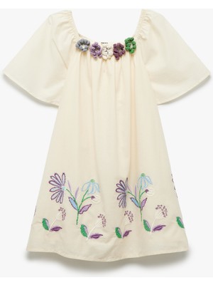 Koton Işlemeli Çiçekli Aplike Detaylı Pamuklu Elbise