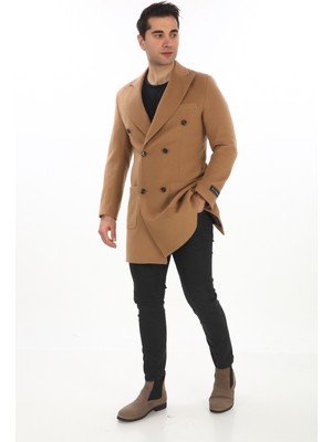 Şan Giyim 2834 Erkek Camel Sivri Yaka Kısa Palto Uzun Kollu Kalın Dokuma Kumaş
