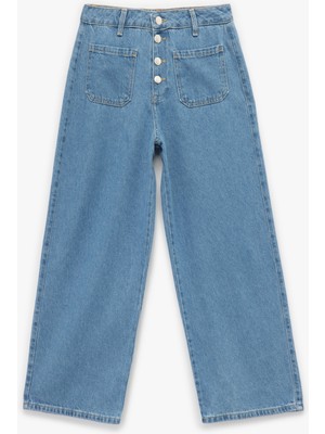 Koton Normal Paça Düğmeli Yüksek Bel Pamuklu Geniş Paça Crop Jean Pantolon - Wide Leg Jeans