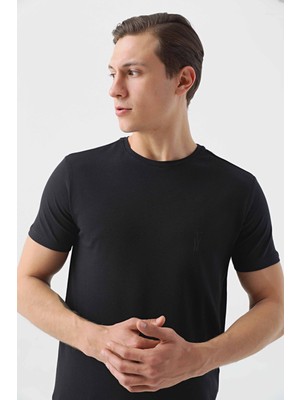 Twn Slim Fit Siyah Düz Kabartma Baskılı T-Shirt 4EC148551753M
