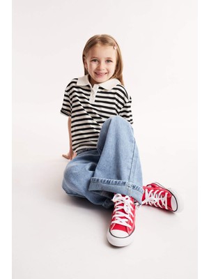DeFacto Relax Fit Polo Yaka Çizgili Kısa Kollu Tişört Kız Çocuk E0064A825SM