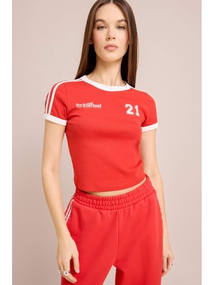 DeFacto Fitted Baskılı Ribana Kısa Kollu Tişört E0332AX25SM