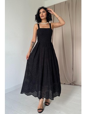 Hobidünyasıelif Siyah Askılı Aparatlı Brode Elbise