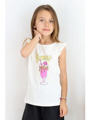 Breeze Kız Çocuk Tişört Omzu Fırfırlı Dondurma Baskılı 4-8 Yaş, Ekru