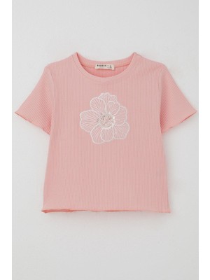 Breeze Kız Çocuk Tişört Tül Çiçek Armalı Boncuk Aksesuarlı Kemer Boy 8-14 Yaş, Pembe