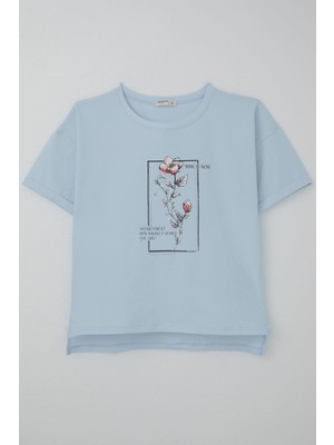 Breeze Kız Çocuk Tişört Taş Aksesuarlı Çiçek Baskılı 9-16 Yaş, Açık Mavi