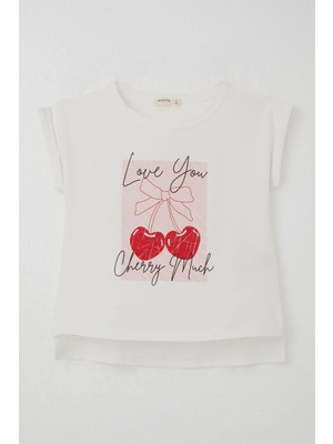 Breeze Kız Çocuk Tişört Sevgi Temalı Kalp Fiyonk Baskılı 10-16 Yaş, Ekru