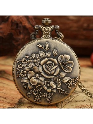 Valkyrie Zarif Kabartma Çiçek Desenli Vintage Bronz Cep Saati - Kolye Köstekli Retro Hediye