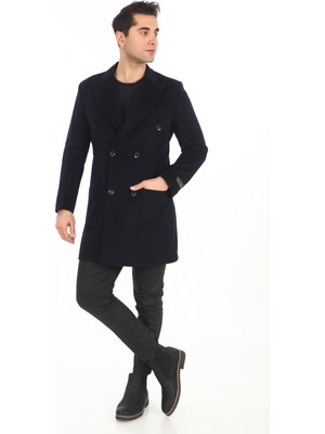 Şan Giyim Erkek Lacivert Kruvaze Kısa Palto 2834 Dokuma Kumaşlı Uzun Kollu Kalın Tasarım