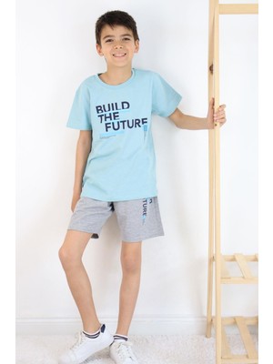 Breeze Erkek Çocuk Şortlu Takım Yazı Baskılı Cepli 8-14 Yaş, Su Yeşili