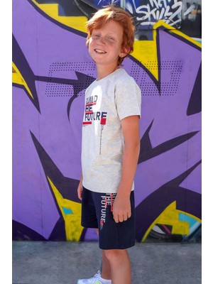 Breeze Erkek Çocuk Şortlu Takım Yazı Baskılı Cepli 8-14 Yaş, Açık Gri Melanj