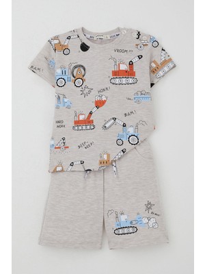Breeze Erkek Çocuk Şortlu Takım Eğlenceli Iş Makineleri Desenli 1.5-5 Yaş, Bej Melanj