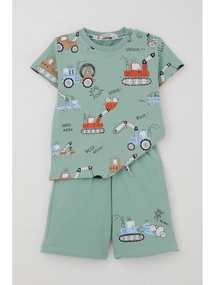 Breeze Erkek Çocuk Şortlu Takım Eğlenceli Iş Makineleri Desenli 1.5-5 Yaş, Su Yeşili