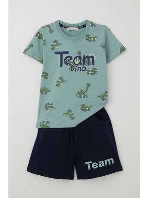 Breeze Erkek Çocuk Şortlu Takım Zıp Zıp Dinozor Takımı 2-6 Yaş, Su Yeşili