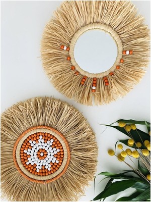 Elite El Yapımı Rafya Duvar Süsü Rafya Ayna Dekoratif Ayna Balkon Mobilyası Duvar Rafı Kahve Köşesi 1 Adet