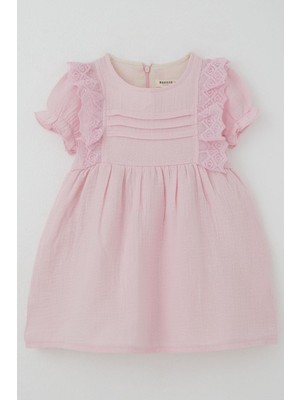 Breeze Kız Bebek Elbise Omuz Kısmı Güpür Detaylı Kolları Lastikli 9 Ay-3 Yaş, Pembe
