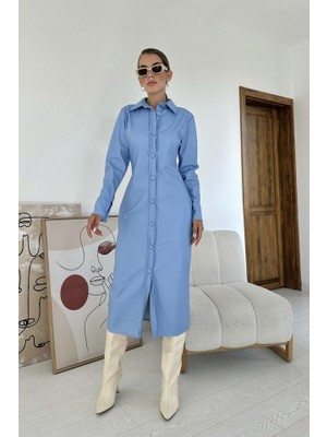Hobidünyasıelif Mavi Boydan Düğmeli Deri Elbise