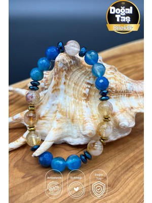 Gökyüzü ve Güneş – Sitrin Mavi Akik Hematit Doğal Taş Kadın Bileklik