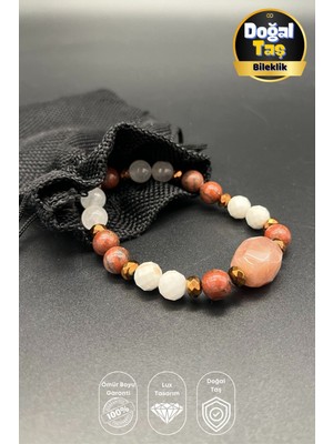 Doğal Taş Bileklik Şeftali, Beyaz Aytaşı, Pembe Kuvars,jasper Lux Tasarım Esnek Bileklik