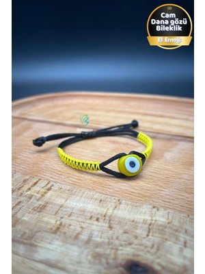 El Yapımı Sarı Nazar Boncuklu Sarı Siyah Ayarlanabilir Bileklik