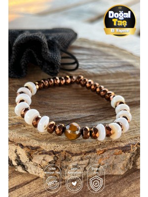 El Yapımı Sedef Taşı ve Kaplangözü Taşı Hematit Detaylı Esnek Doğal Taş Bileklik