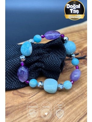 Amazonit Ametist Hematit Doğal Taş Esnek Ipli Kadın Bileklik – El Yapımı Enerji Bilekliği