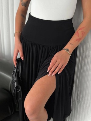 Ahes Shopping Sandy Uzun Yüksel Bel Etek - Siyah