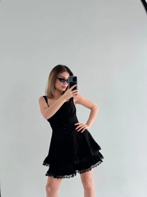 Ahes Shopping Mini Askılı Elbise - Siyah