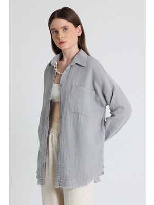 Gri Oversize %100 Pamuk Müslin Gömlek 4786A