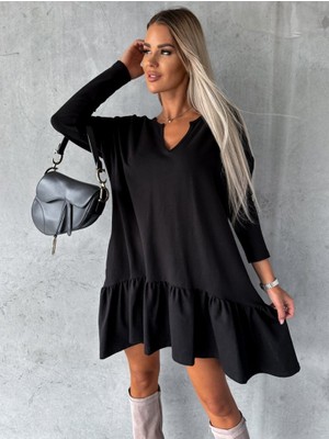 Ahes Shopping Kadın Uzun Kollu V Yaka Eteği Büzgülü Kloş Iki Iplik Mini Boy Elbise