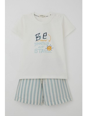 Breeze Erkek Bebek Şortlu Takım Motivasyon Temalı Bağcık Aksesuarlı 9 Ay-3 Yaş, Ekru