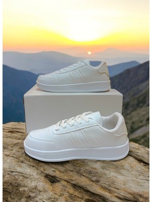 Beyaz Iki Bantlı Unisex Günlük Hafif Taban Sneaker Spor Ayakkabı