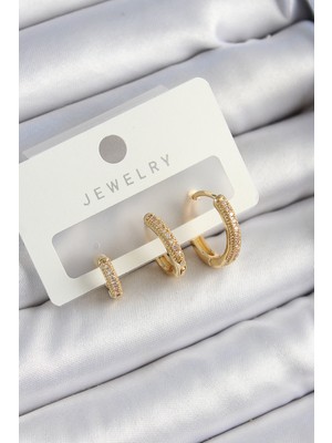 Pirinç Zirkon Taşlı Halka Model Gold Renk 3'lü Çift Kadın Küpe Set