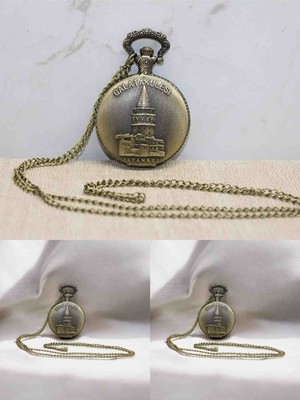Nostaljik Tarihi Galata Kulesi Köstekli Cep Saati Osmanlı Tarzı Vintage Metal Zincirli Antik Saat Özel Seri