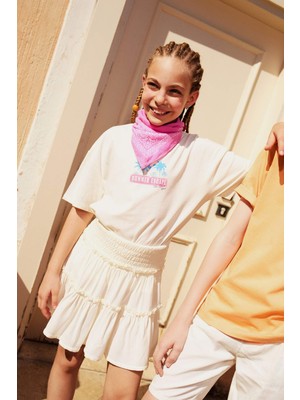 DeFacto Oversize Geniş Kalıp Bisiklet Yaka Sırt Baskılı Kısa Kollu Tişört Kız Çocuk E6742A825HS