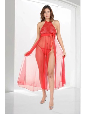 Kırmızı Dantelli Tül Gecelik - M057