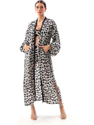 Movom Desenli Siyah - Beyaz Kadın Kimono MVMRWKM16