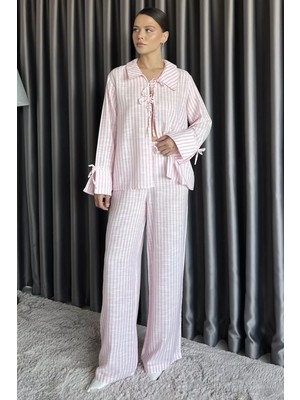Gülseli Ön Bağlamalı Çizgili Bluz Pantolon Ikili Takım P-00017572