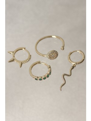 Yeşil Zirkon Taş Detaylı Yılan Model Küpe ve Yüzük Seti