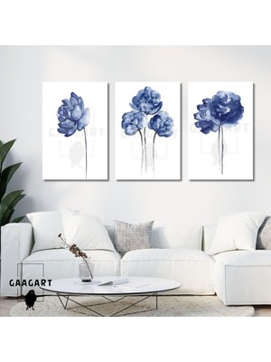 Gaagart 3'lü Kanvas Salon Tablosu Seti Pastel Soft Mavi Çiçekler