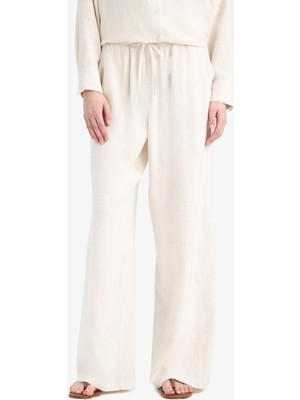 DeFacto Keten Karışımlı Pantolon Wide Leg Geniş Bol Paça Basic Düz Çift Cepli Yüksek Bel Standart Boy C6021AX25SP