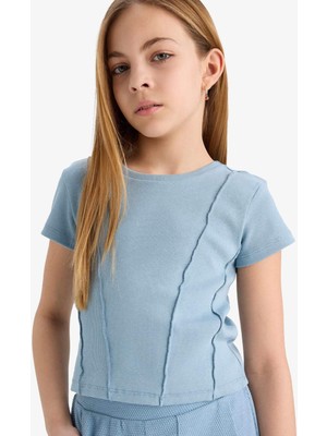 DeFacto Kız Çocuk Slim Fit Dar Kesim Bisiklet Yaka Basic Düz Ribana Kısa Kollu Tişört C0104A825SM