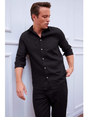 DeFacto %100 Keten Regular Fit Polo Yaka Yazlık Uzun Kollu Siyah Gömlek D9925AX25SP