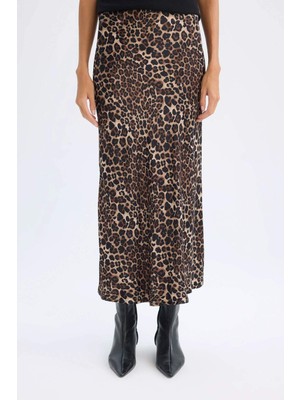 DeFacto A Kesim Leopar Desenli Normal Bel Saten Midi Etek D7648AX24AU