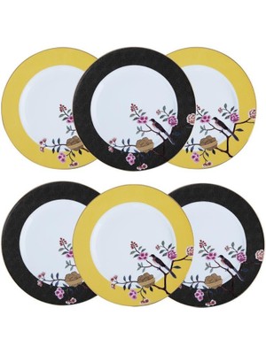LuckyArt Lucky Art Lucile Siyah Sarı Kuş Desenli 6'lı Porselen Servis Tabağı Seti 28 cm  LYWY 008