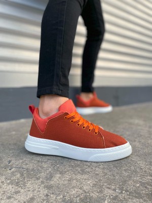 JY204 Flex Bağcıklı Keten Kumaş Erkek Günlük Sneaker Ayakkabı Kbt - Turuncu